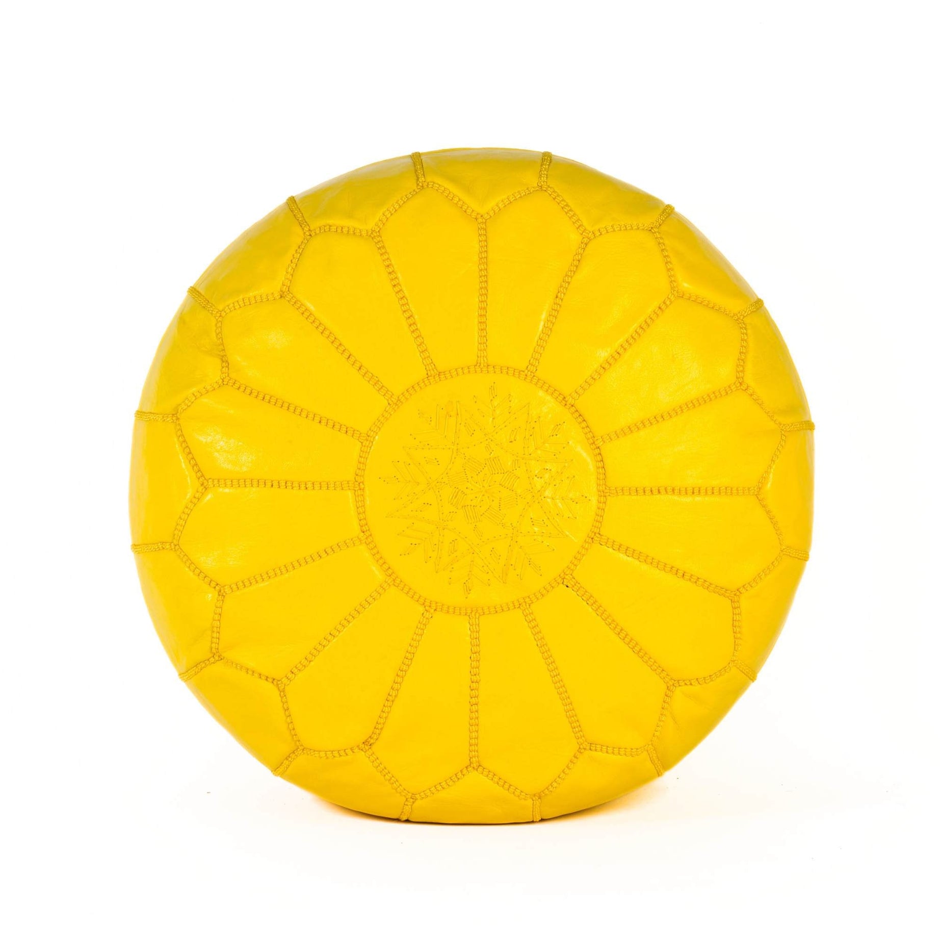 Yellow Hand-Stitched Genuine Leather Ottoman Pouf with Embroidery