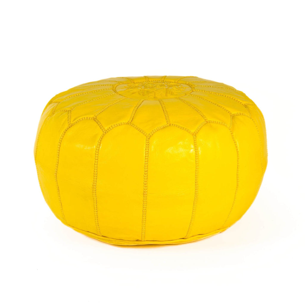 Handcrafted Yellow Leather Pouf Moroccan Interior Accent - LuxoraCraft