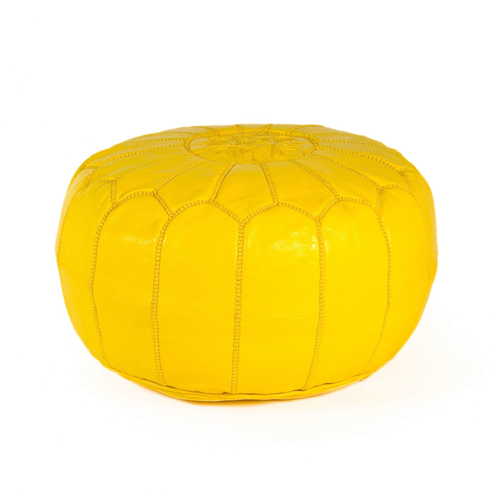 Yellow Hand-Stitched Genuine Leather Ottoman Pouf with Embroidery