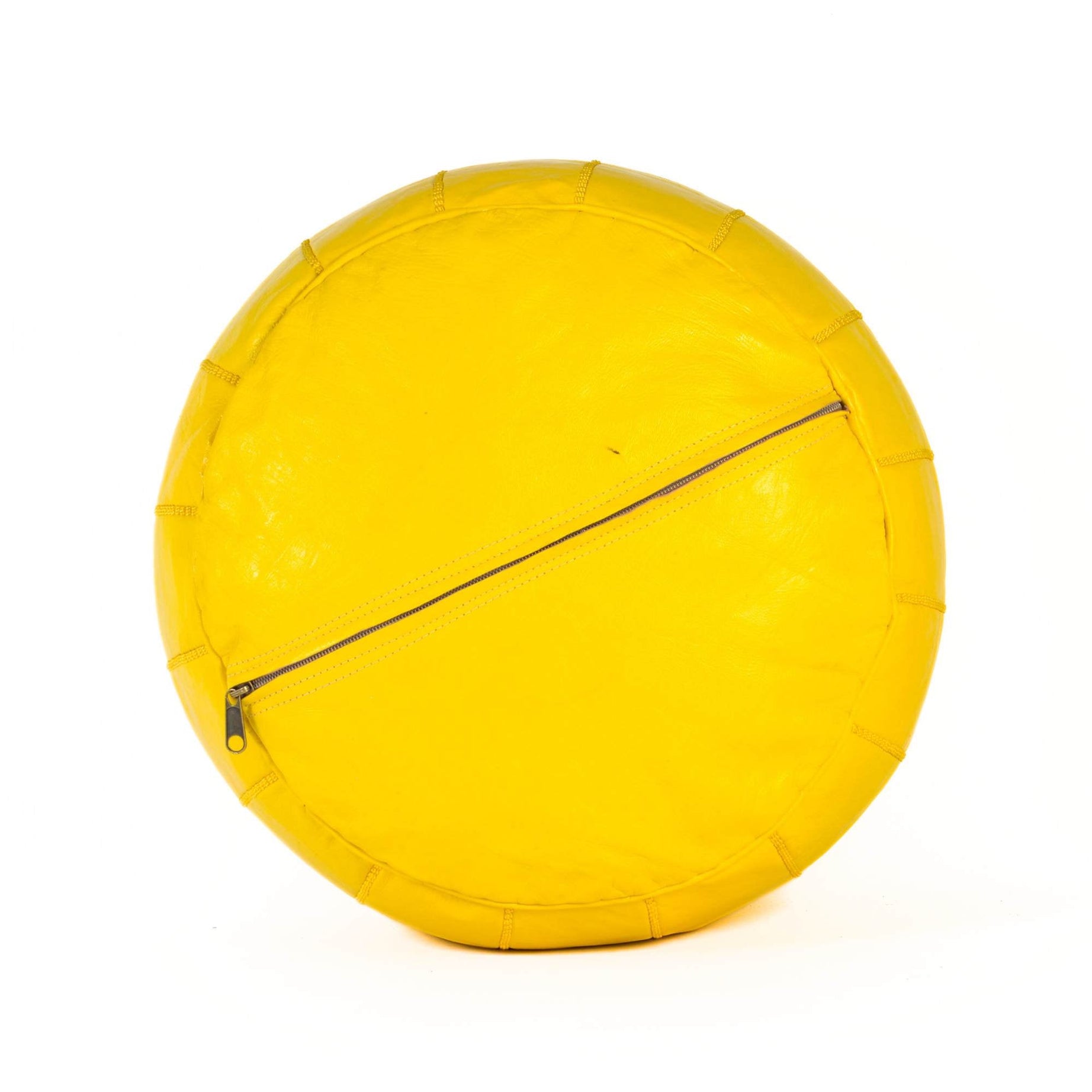 Yellow Hand-Stitched Genuine Leather Ottoman Pouf with Embroidery