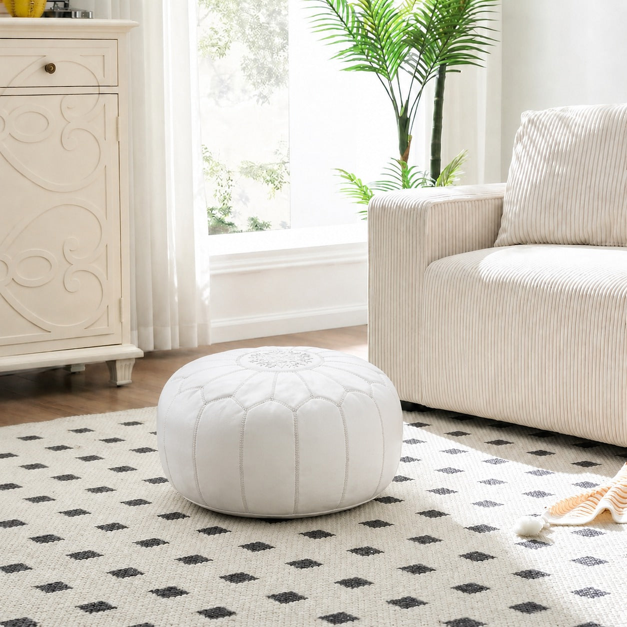 White Round Moroccan Leather Ottoman Pouf Handmade Embroidered - LuxoraCraft