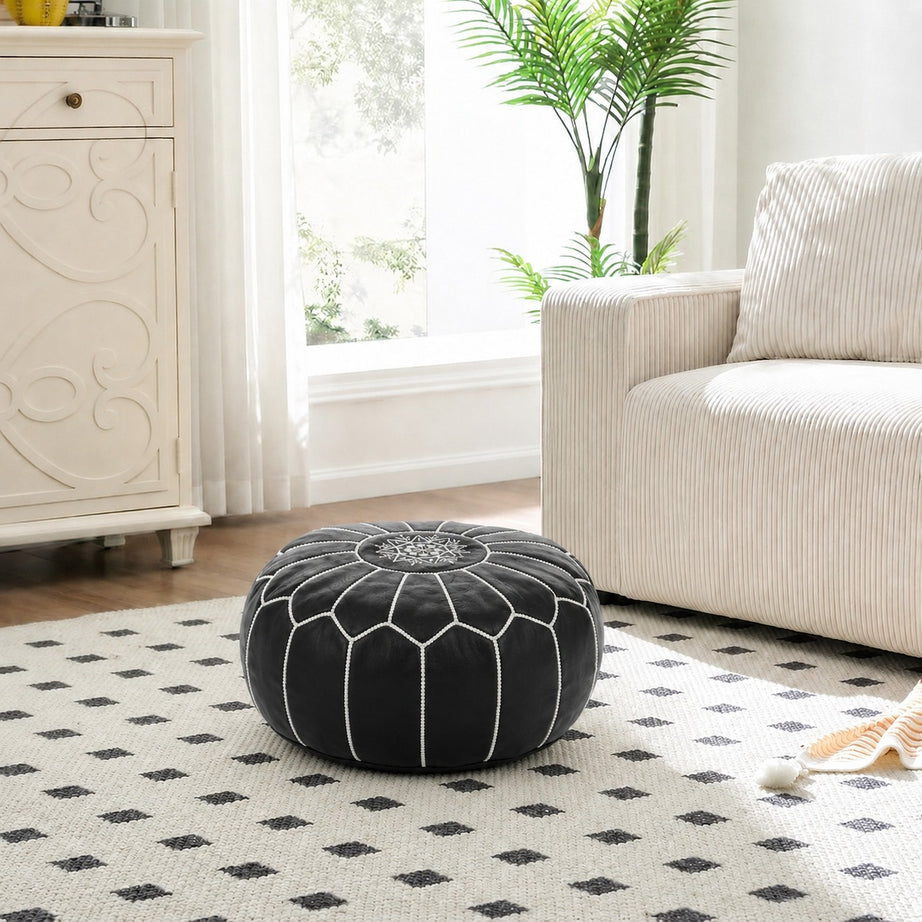 Black Round Moroccan Leather Ottoman Pouf Handmade Embroidered - LuxoraCraft