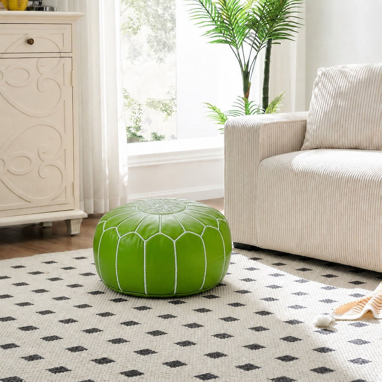 Light Green Round Moroccan Leather Ottoman Pouf Handmade Embroidered - LuxoraCraft
