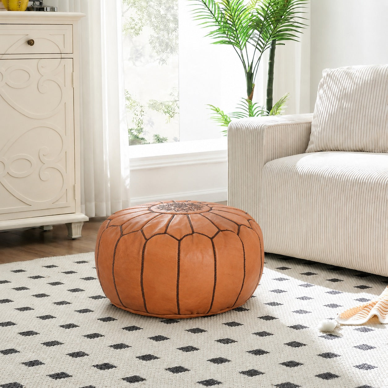 Cognac Brown Round Moroccan Leather Ottoman Pouf Handmade Embroidered - LuxoraCraft
