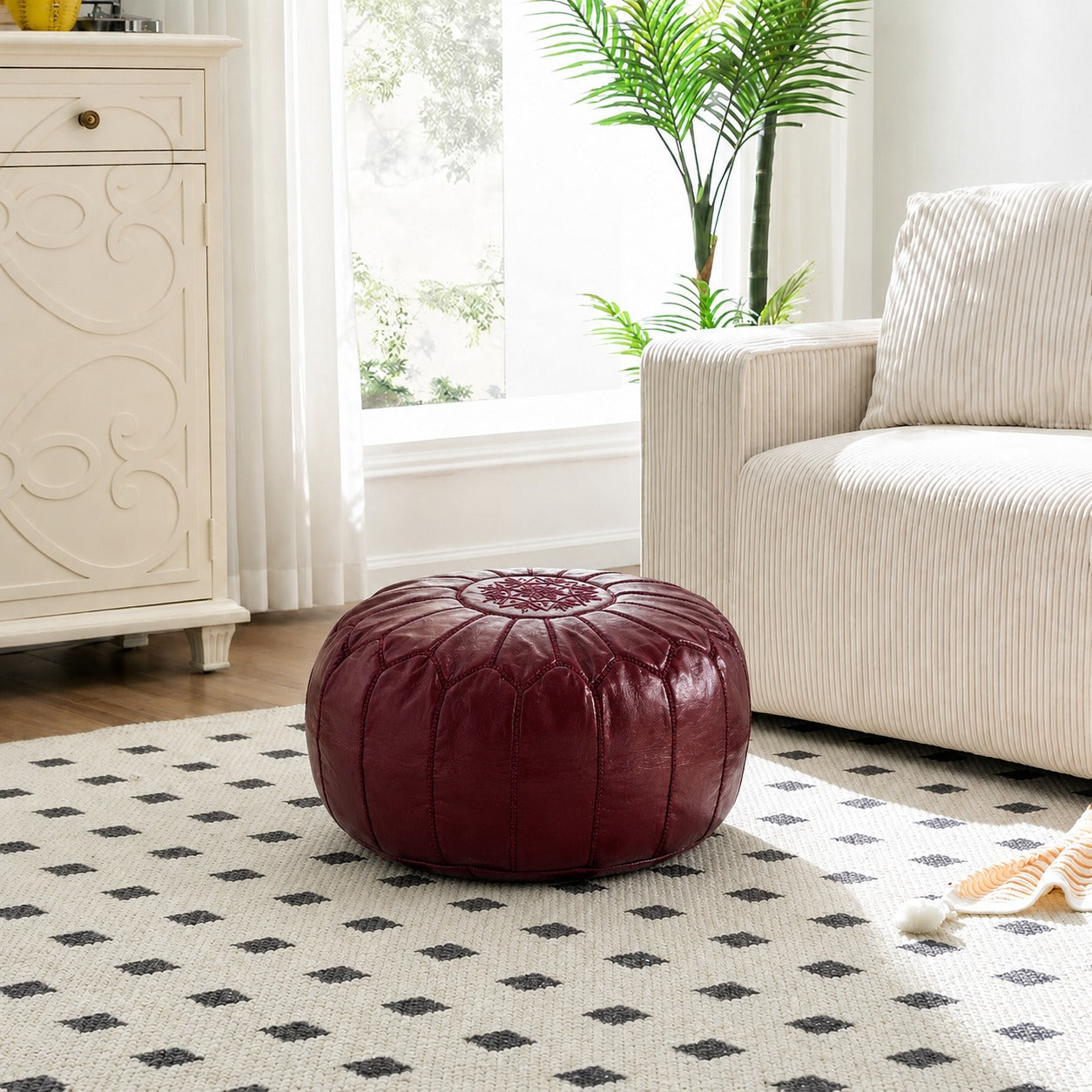 Burgundy Round Moroccan Leather Ottoman Pouf Handmade Embroidered - LuxoraCraft
