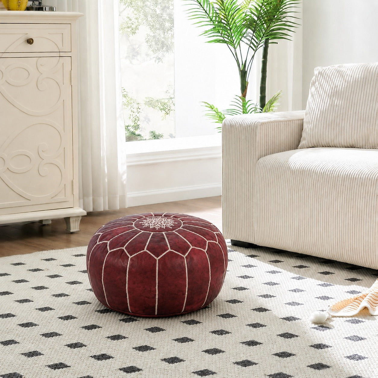 Burgundy Round Moroccan Leather Ottoman Pouf Handmade Embroidered - LuxoraCraft