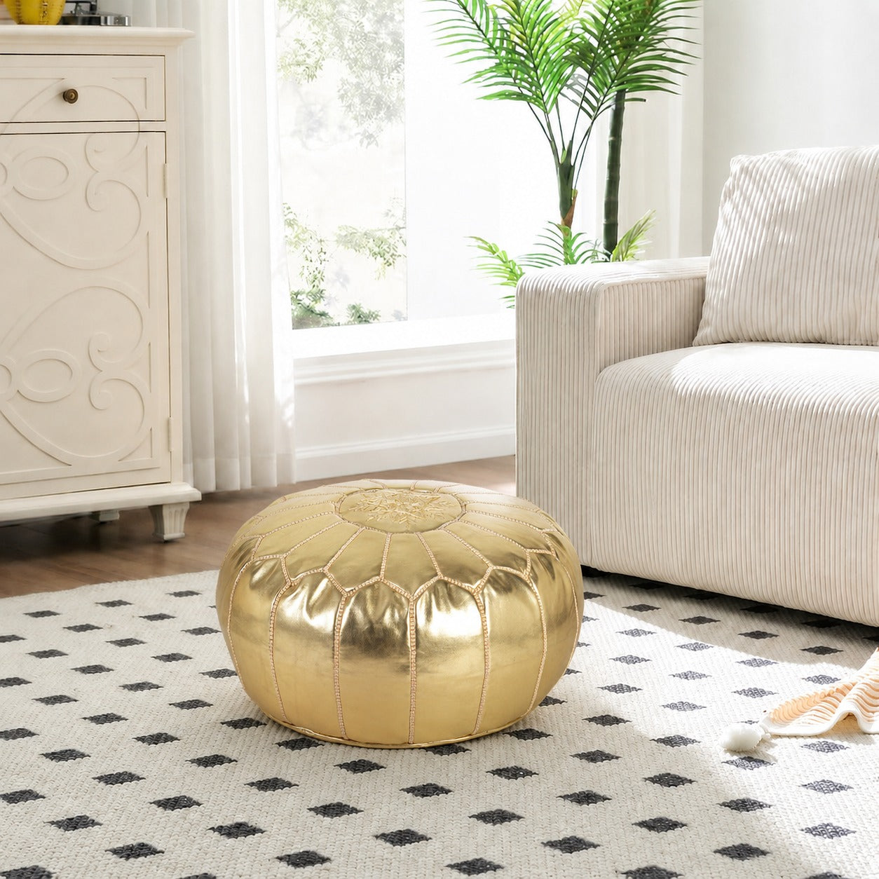 Gold Round Moroccan Leather Ottoman Pouf Handmade Embroidered - LuxoraCraft