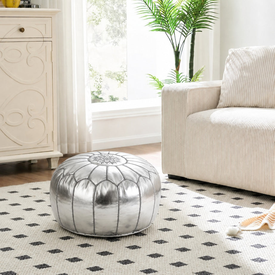 Silver Round Moroccan Leather Ottoman Pouf Handmade Embroidered - LuxoraCraft