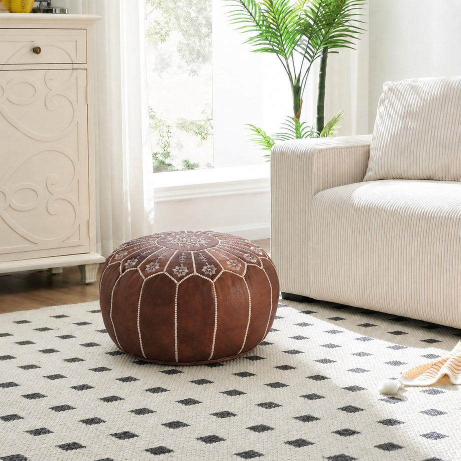 Brown Round Moroccan Leather Ottoman Pouf Handmade Embroidered - LuxoraCraft