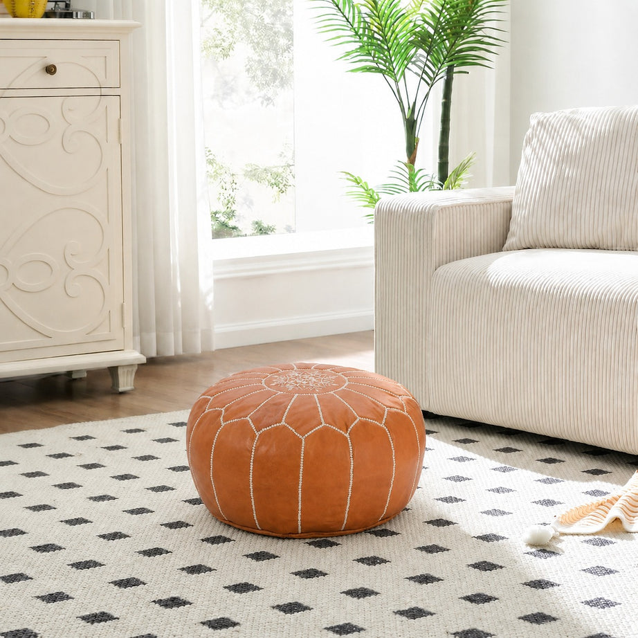 Cognac Round Moroccan Leather Ottoman Pouf Handmade Embroidered - LuxoraCraft