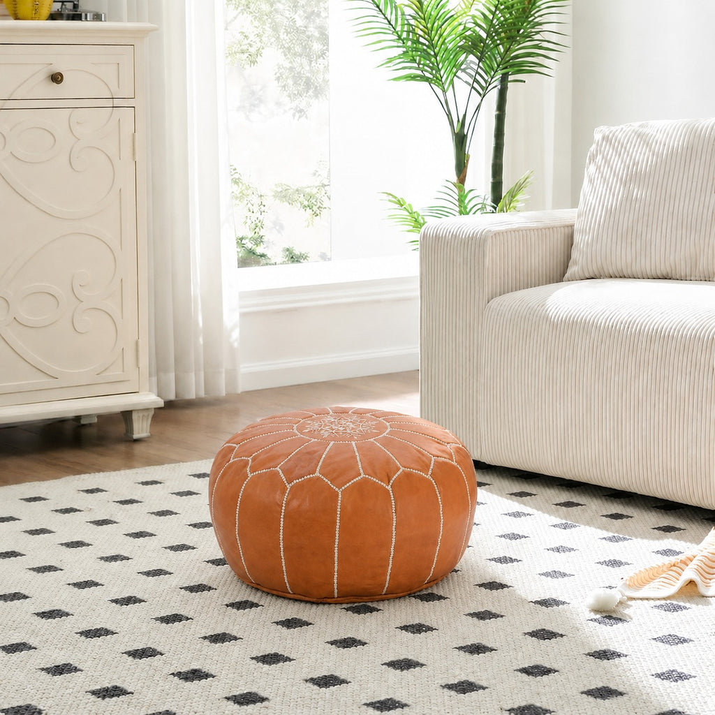 Cognac Round Moroccan Leather Ottoman Pouf Handmade Embroidered - LuxoraCraft