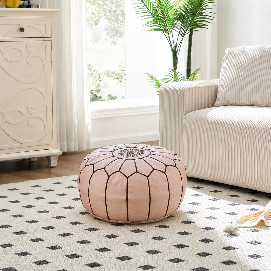 Tan Natural Round Moroccan Leather Ottoman Pouf Handmade Embroidered - LuxoraCraft