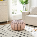 Tan Natural Round Moroccan Leather Ottoman Pouf Handmade Embroidered - LuxoraCraft