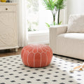 Almond Brown Round Moroccan Leather Ottoman Pouf Handmade Embroidered - LuxoraCraft