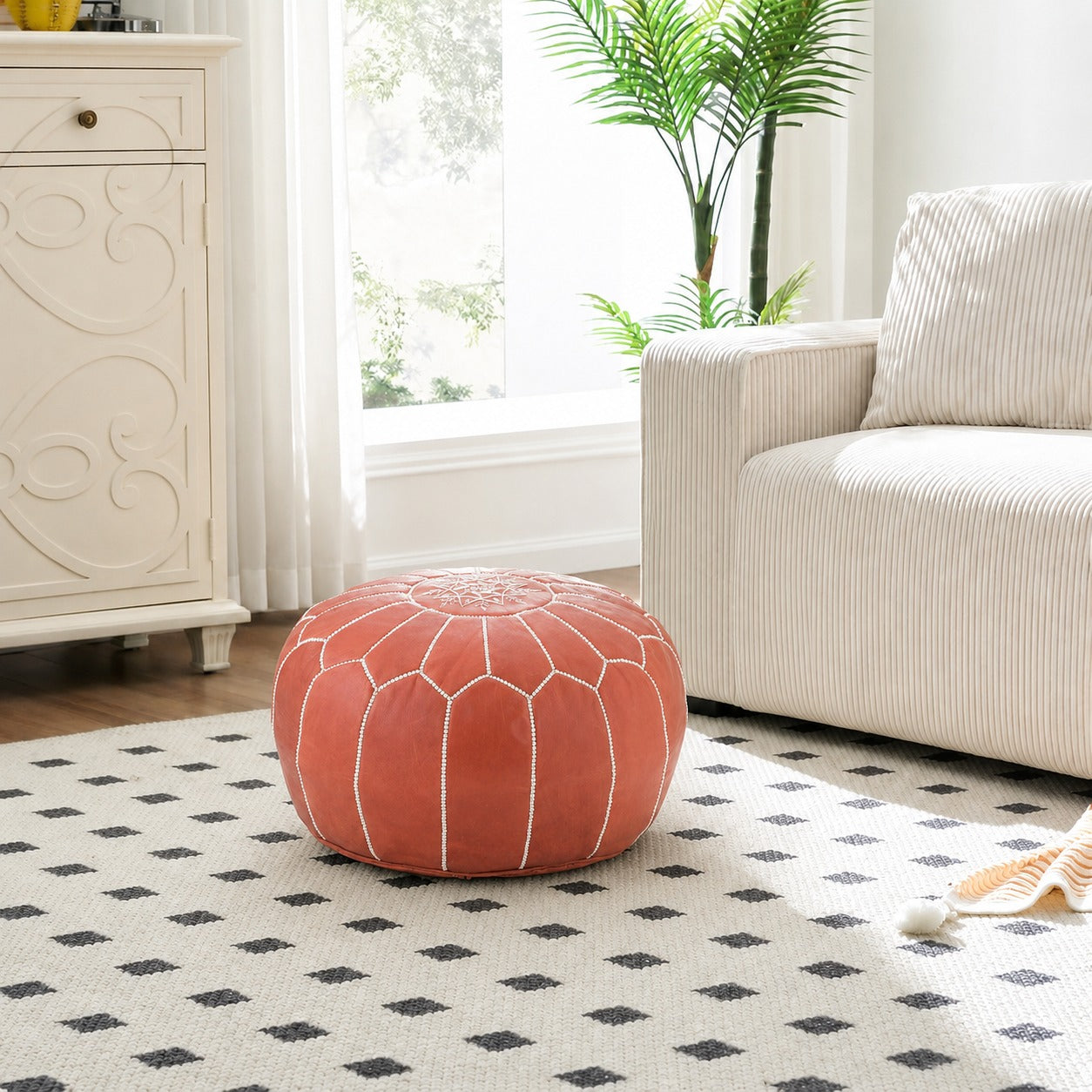 Almond Brown Round Moroccan Leather Ottoman Pouf Handmade Embroidered - LuxoraCraft