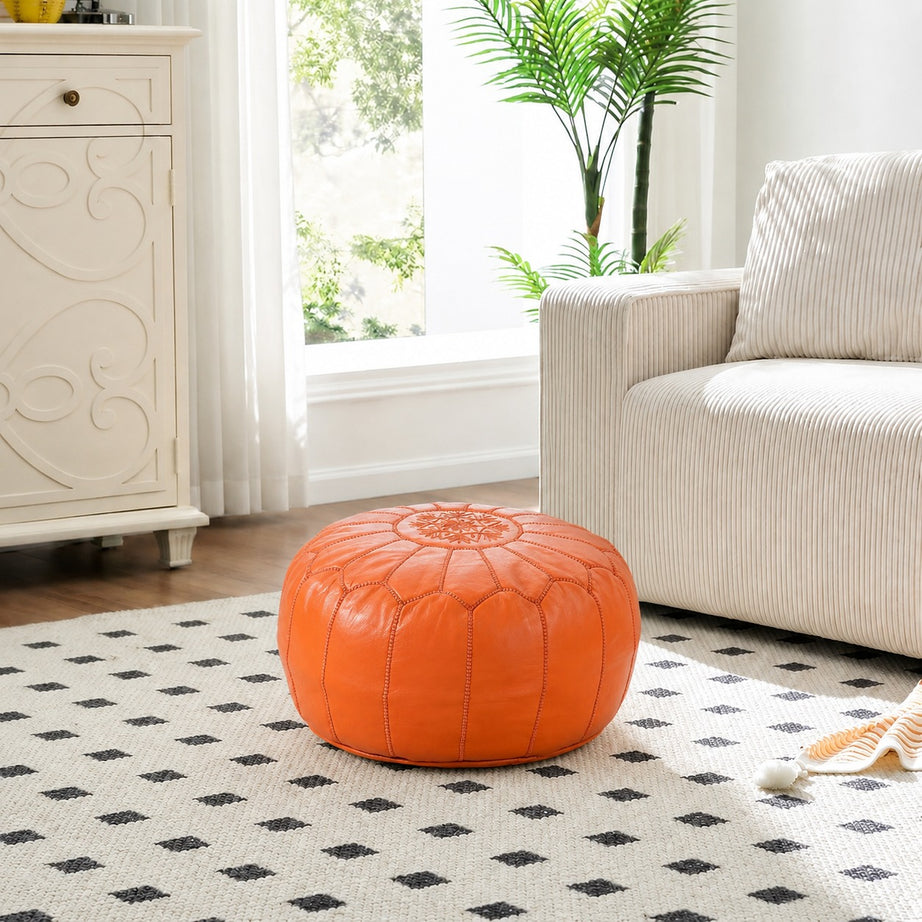 Orange Round Moroccan Leather Ottoman Pouf Handmade Embroidered - LuxoraCraft