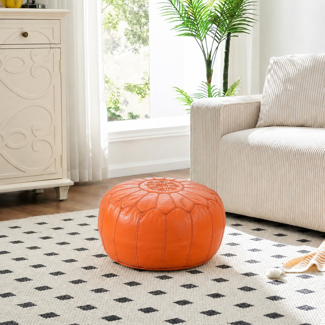 Orange Round Moroccan Leather Ottoman Pouf Handmade Embroidered - LuxoraCraft
