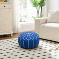 Blue Jeans Round Moroccan Leather Ottoman Pouf Handmade Embroidered - LuxoraCraft