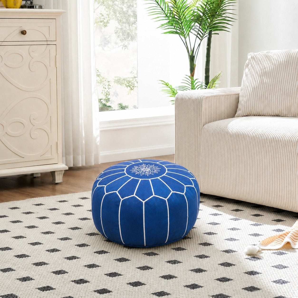 Blue Jeans Round Moroccan Leather Ottoman Pouf Handmade Embroidered - LuxoraCraft