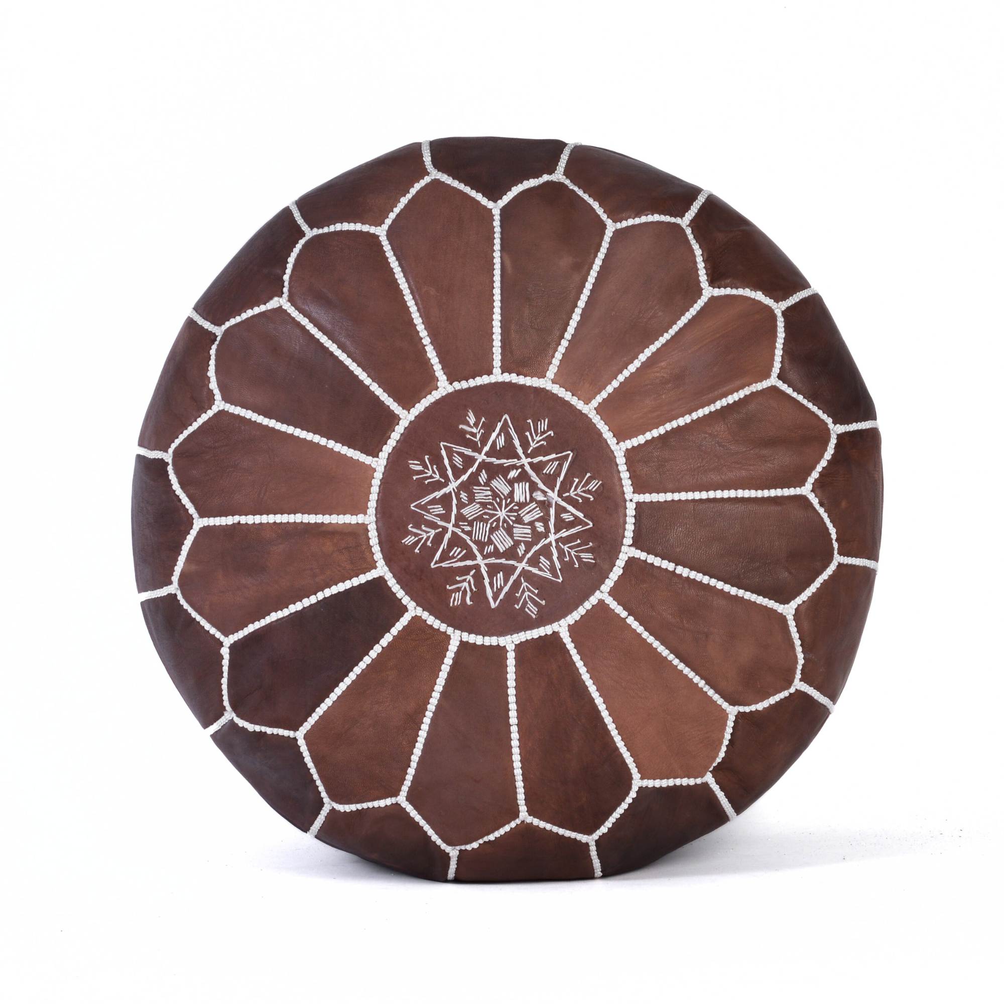 Brown Hand-Stitched Genuine Leather Ottoman Pouf with Embroidery