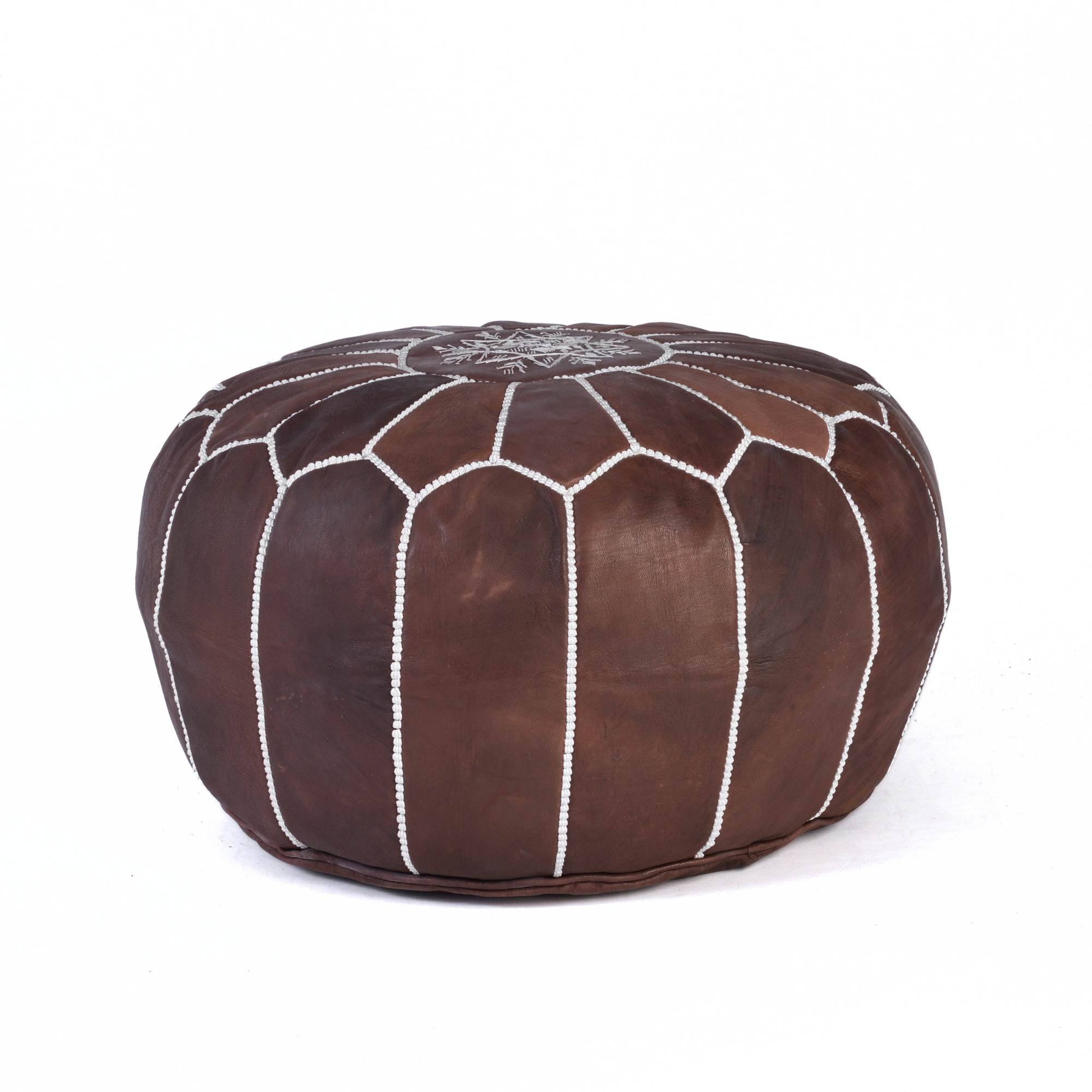 Brown Hand-Stitched Genuine Leather Ottoman Pouf with Embroidery