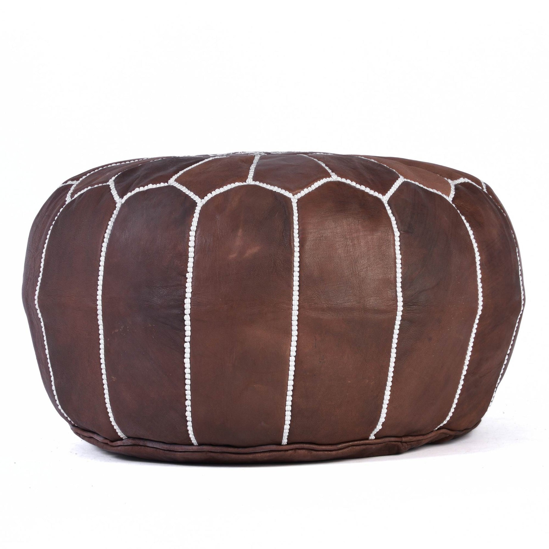 Brown Hand-Stitched Genuine Leather Ottoman Pouf with Embroidery
