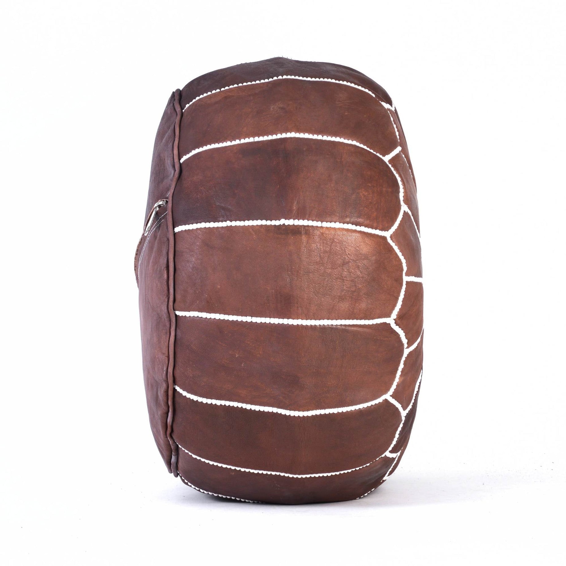 Brown Hand-Stitched Genuine Leather Ottoman Pouf with Embroidery