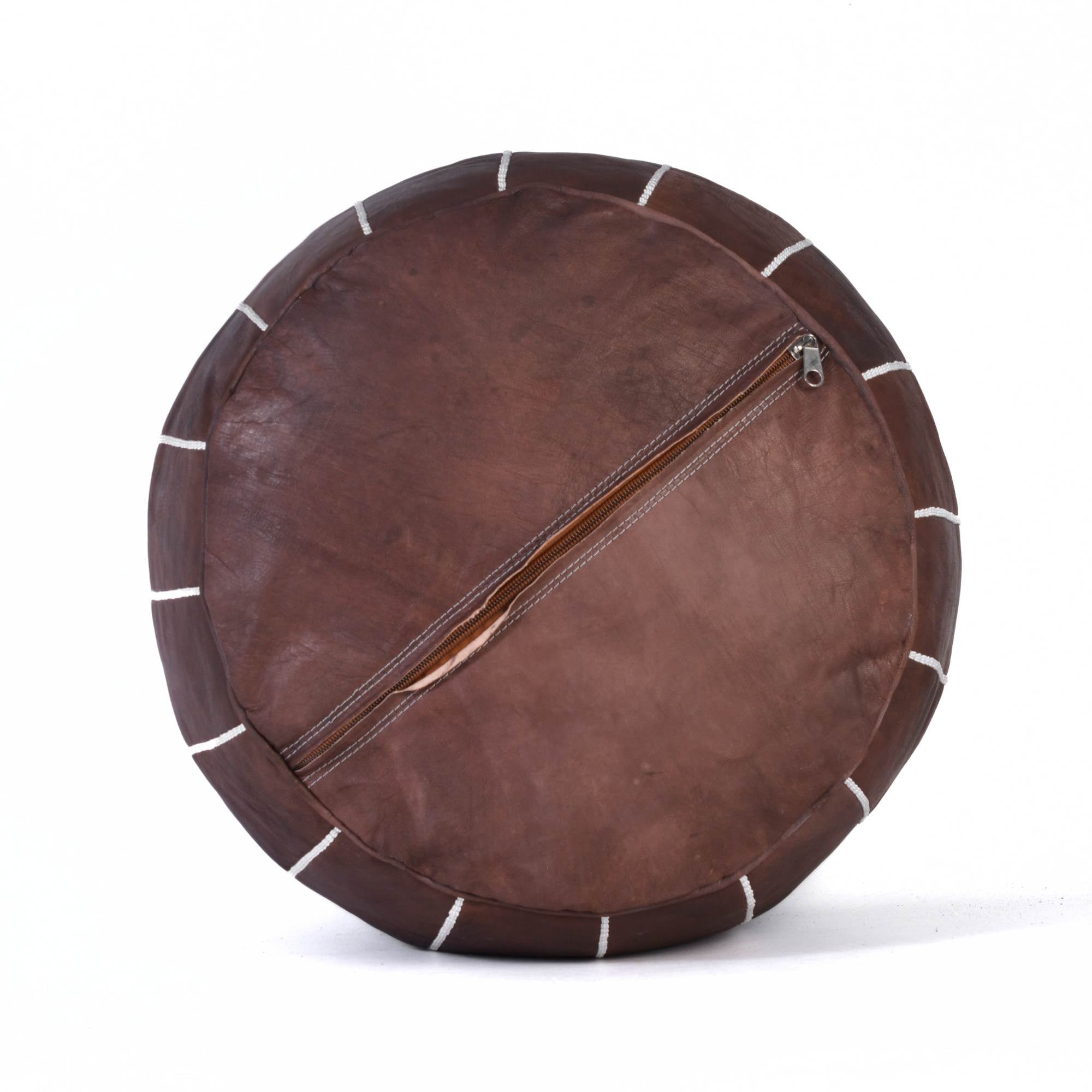Brown Hand-Stitched Genuine Leather Ottoman Pouf with Embroidery