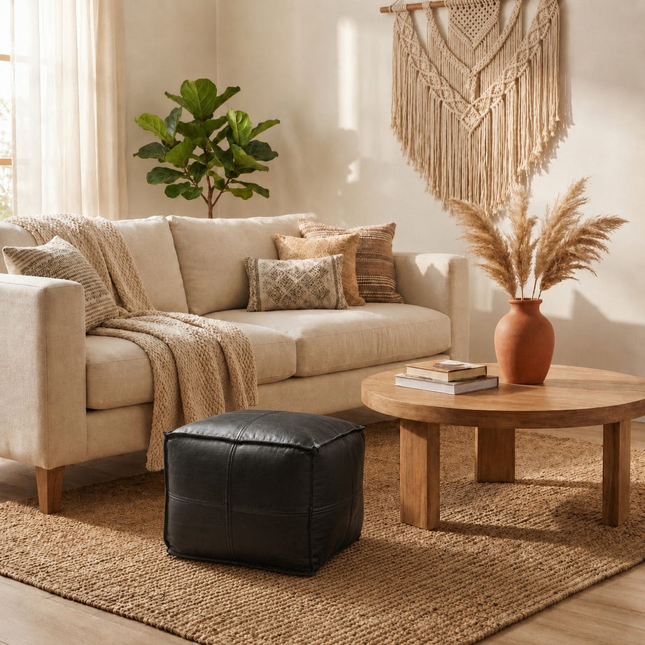 Black Square Moroccan Leather Pouf Handmade Ottoman - LuxoraCraft