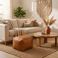 Cognac Square Moroccan Leather Pouf Handmade Ottoman - LuxoraCraft