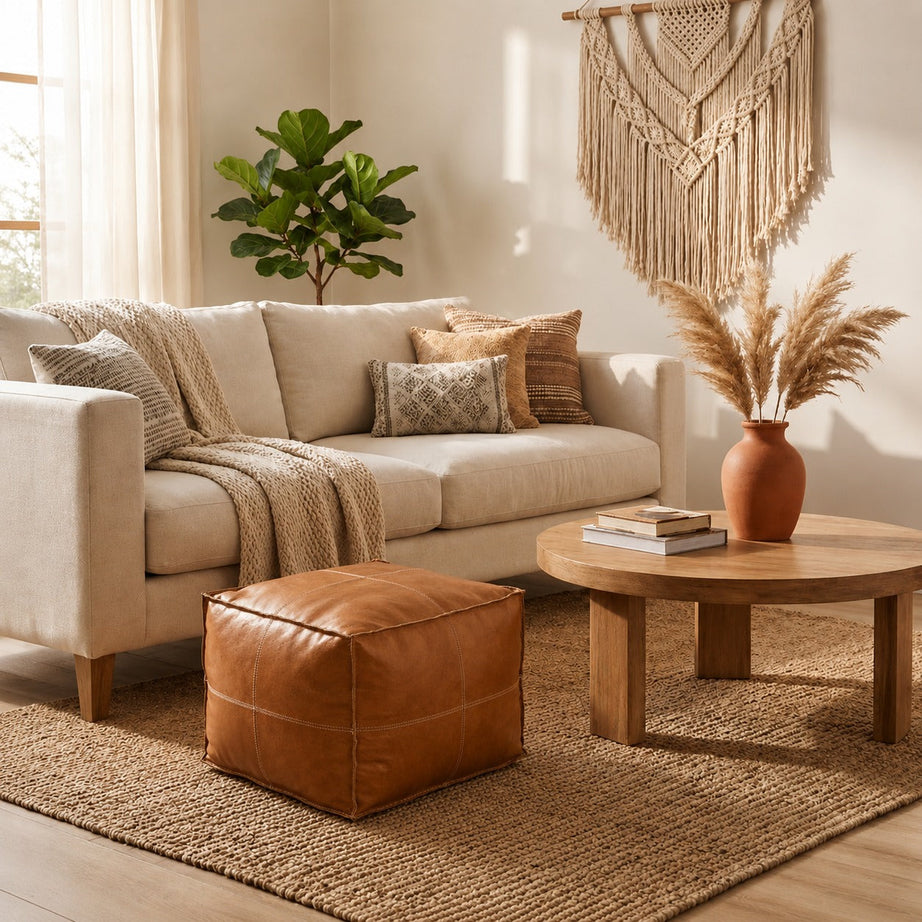 Cognac Square Moroccan Leather Pouf Handmade Ottoman - LuxoraCraft