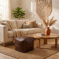 Dark Brown Square Moroccan Leather Pouf Handmade Ottoman - LuxoraCraft