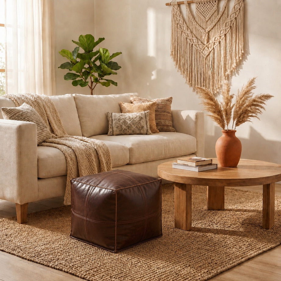 Dark Brown Square Moroccan Leather Pouf Handmade Ottoman - LuxoraCraft
