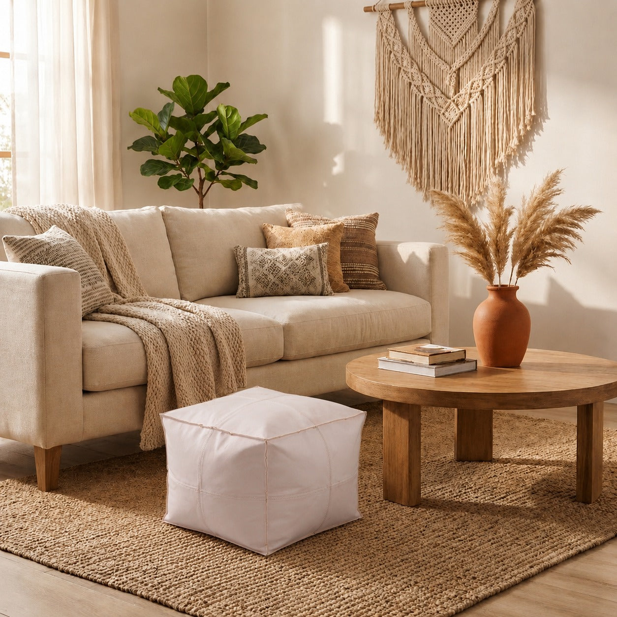 White Square Moroccan Leather Pouf Handmade Ottoman - LuxoraCraft