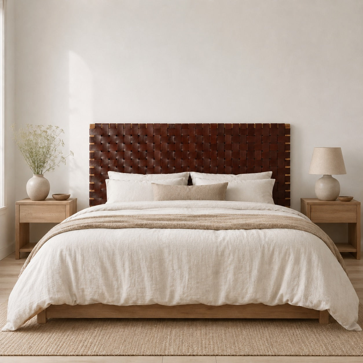 Minimalist Woven Leather Headboard – Scandinavian Design, King & Queen