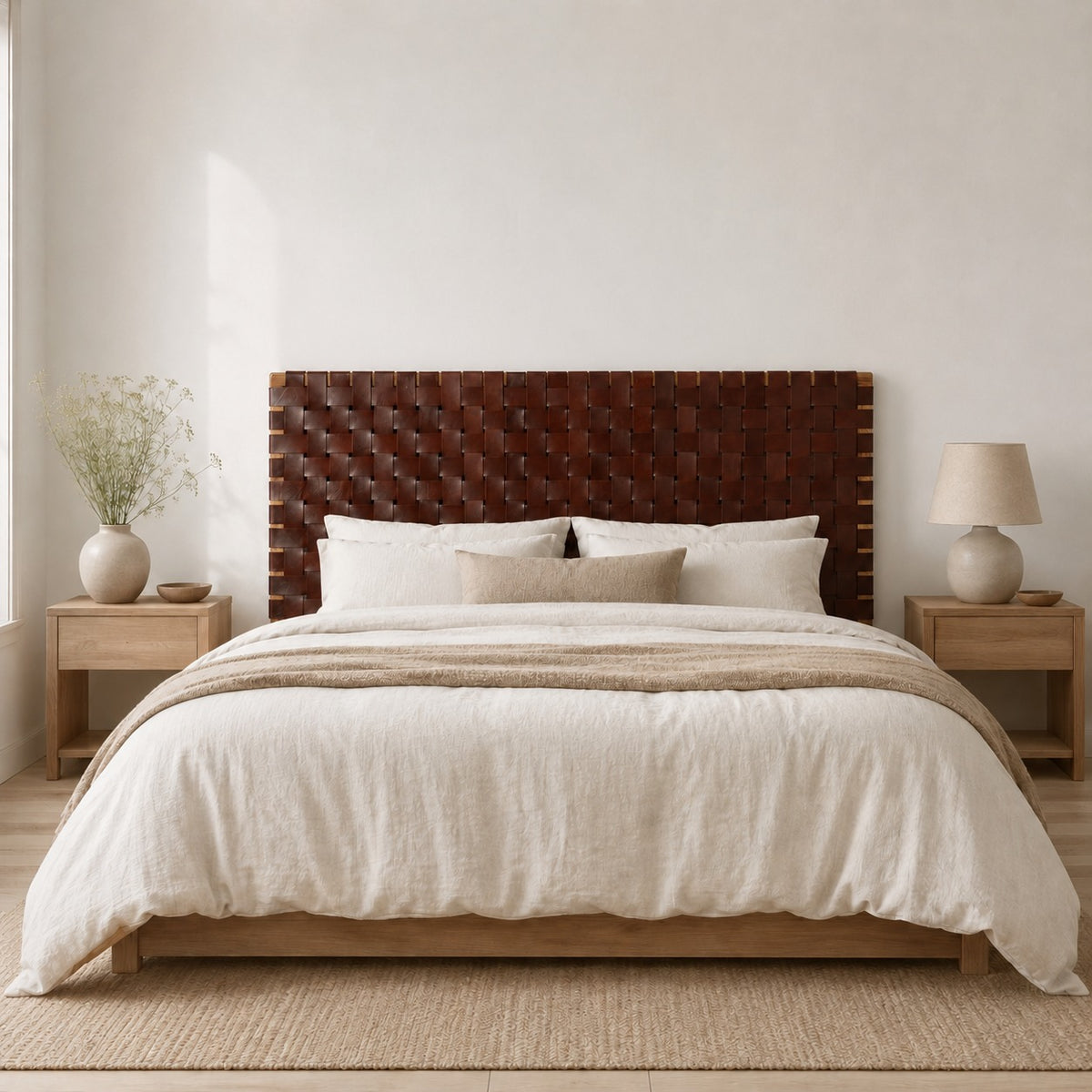 Minimalist Woven Leather Headboard – Scandinavian Design, King & Queen LuxoraCraft