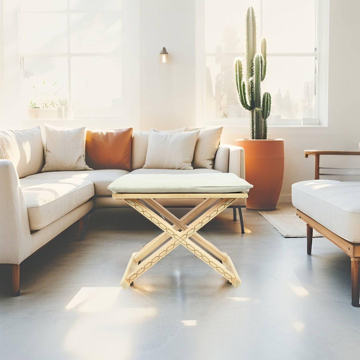Natural Wood Leather X Stool Coffee Table 2-in-1 Multipurpose - LuxoraCraft