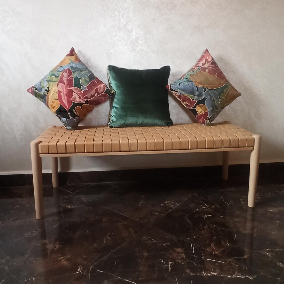 Customizable Woven Leather Bench, Choose Wood and Leather - LuxoraCraft