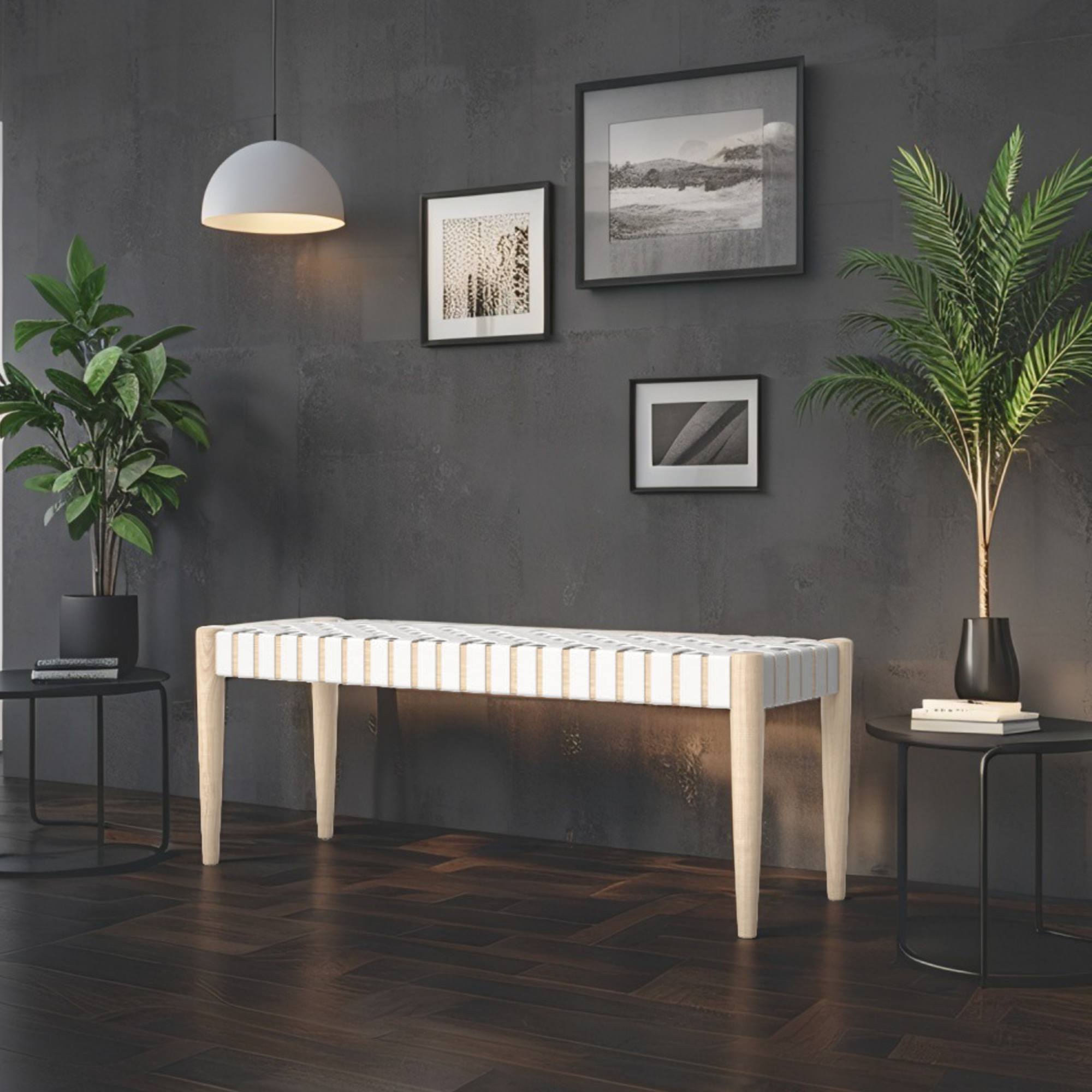 Customizable Woven Leather Bench – Choose Your Wood Finish and Tanned Leather Color