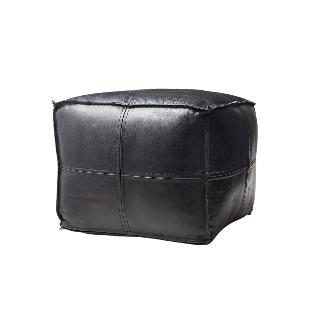 Black Square Leather Ottoman Pouf Front View - LuxoraCraft