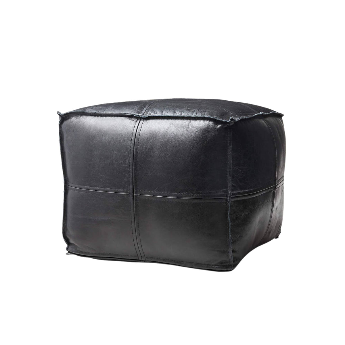 Black Square Leather Ottoman Pouf Front View - LuxoraCraft