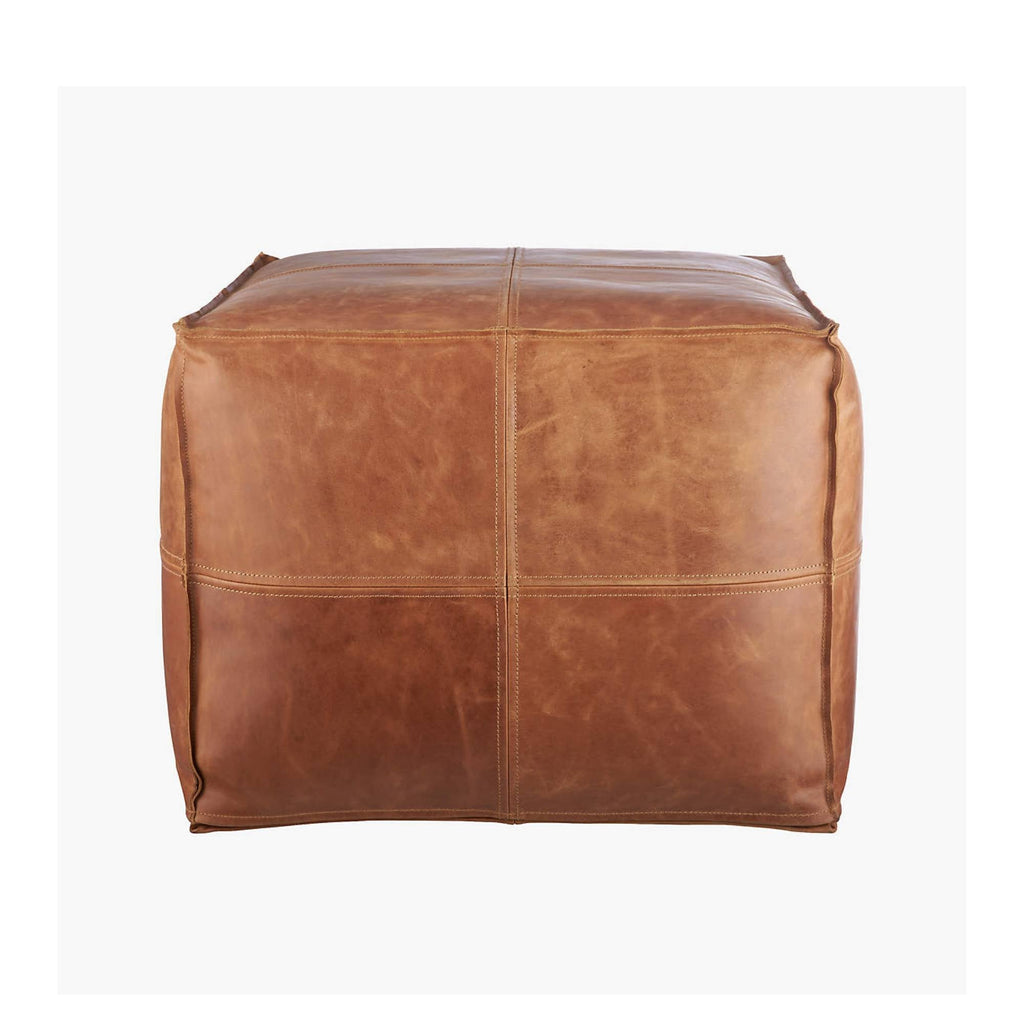 Brown Square Leather Ottoman Pouf Front View - LuxoraCraft