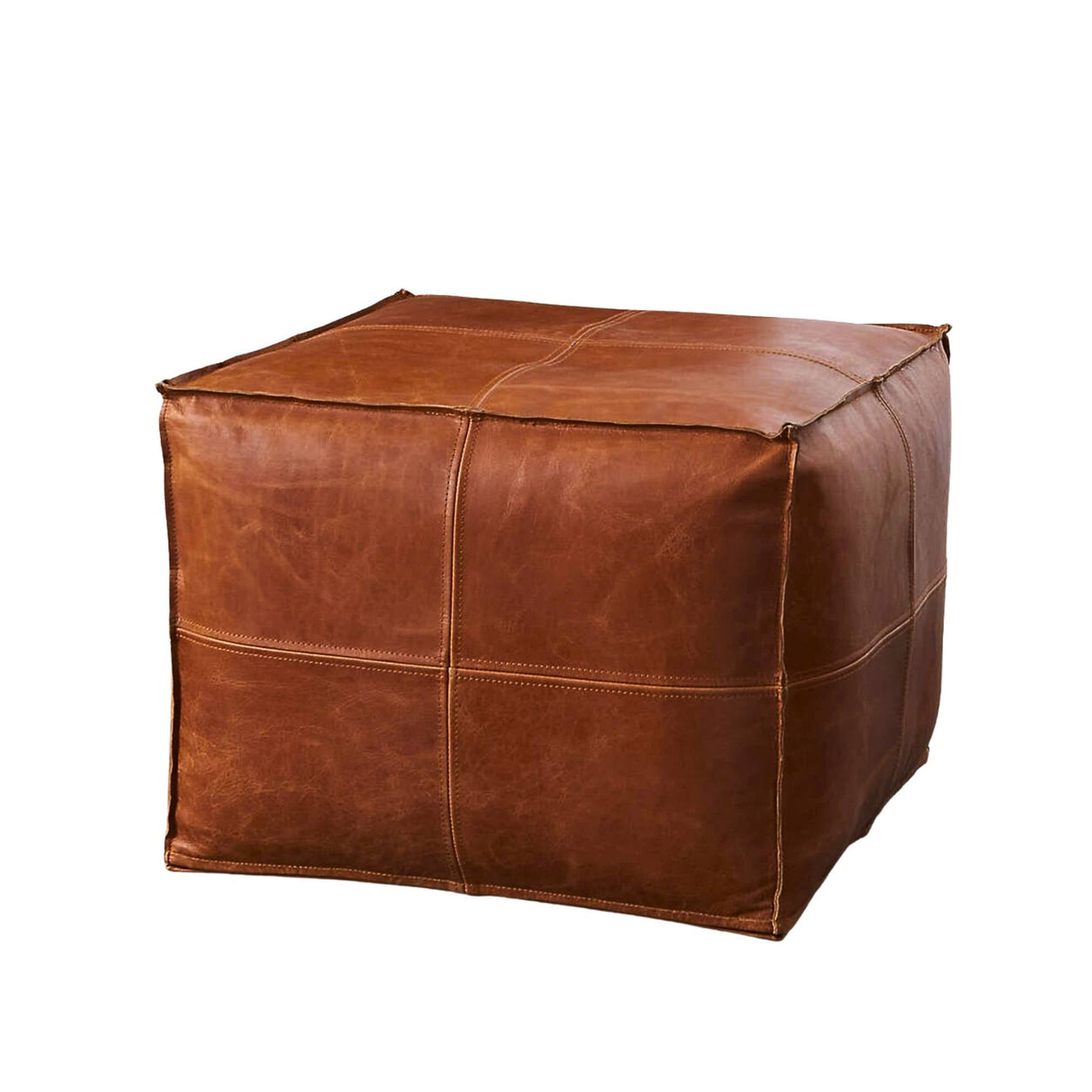 Brown Square Leather Pouf Ottoman Side View Moroccan - LuxoraCraft