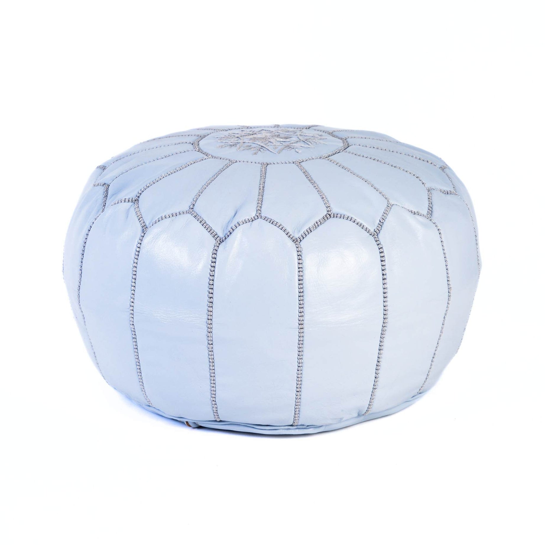 Gray Hand-Stitched Genuine Leather Ottoman Pouf with Embroidery