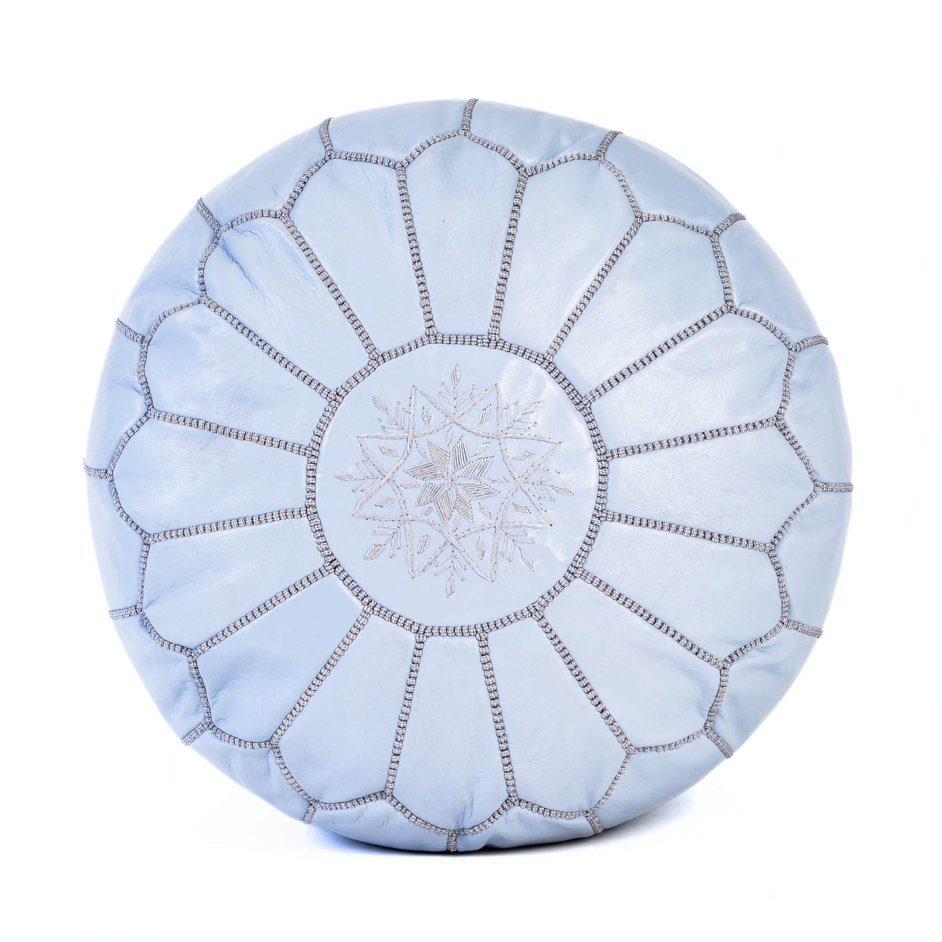 Gray Hand-Stitched Genuine Leather Ottoman Pouf with Embroidery