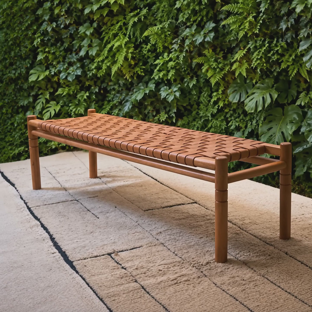 Halden Woven Leather Bench - Handcrafted Solid Wood Entryway & Bed End Bench