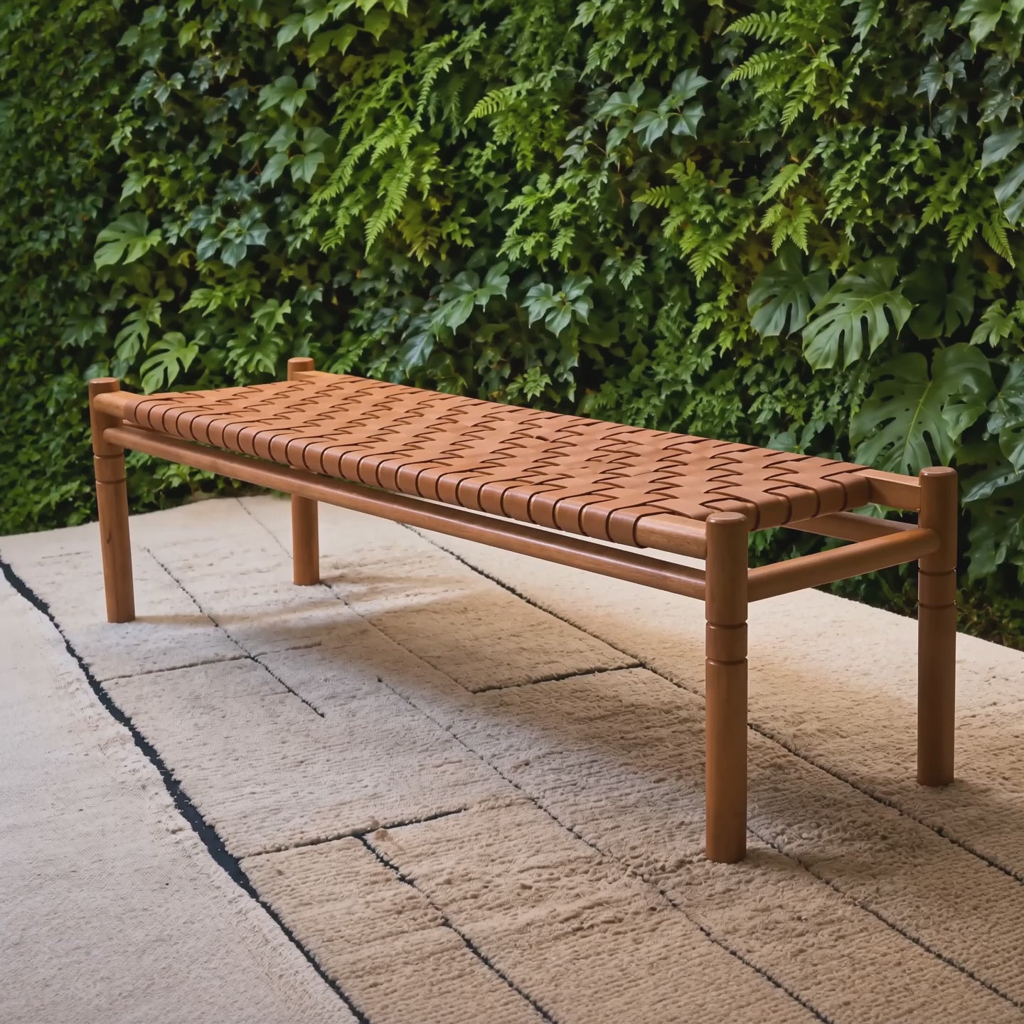 Halden Woven Leather Bench – Matte Finish Teak & Beige Leather