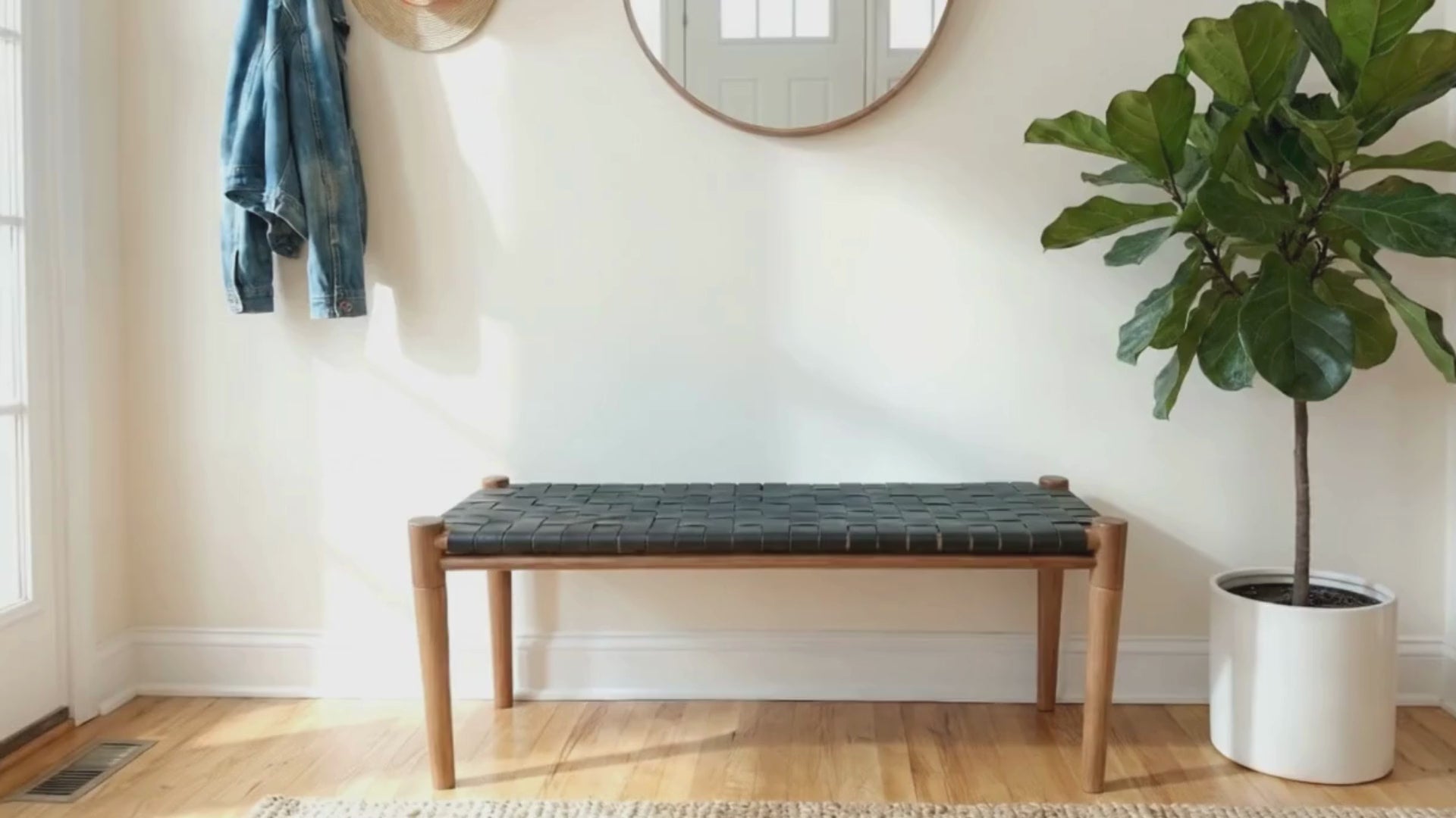 Mira Woven Leather Bench – Brown Finish Teak & Black Leather