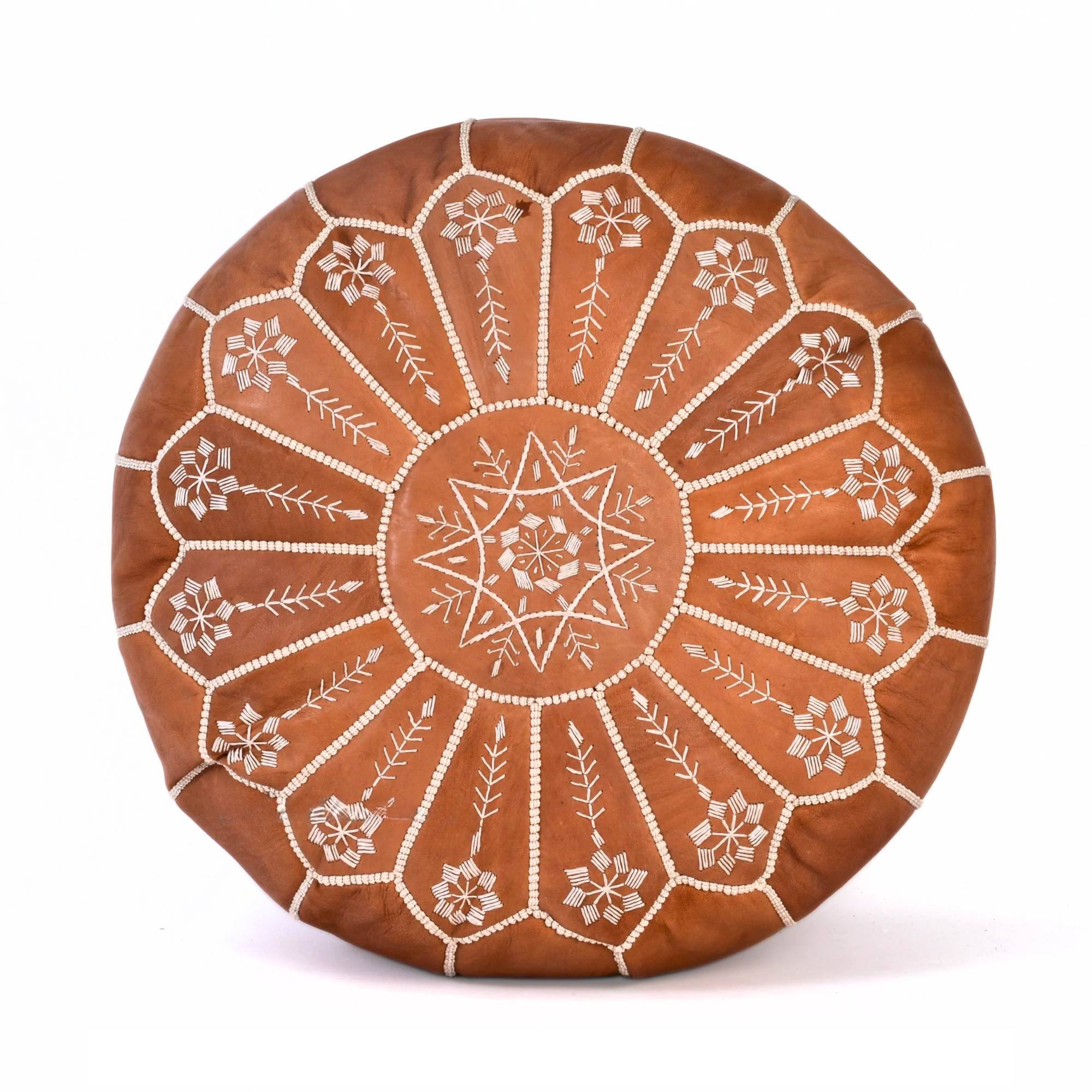 Cognac Hand-Stitched Genuine Leather Ottoman Pouf with New Embroidery Design