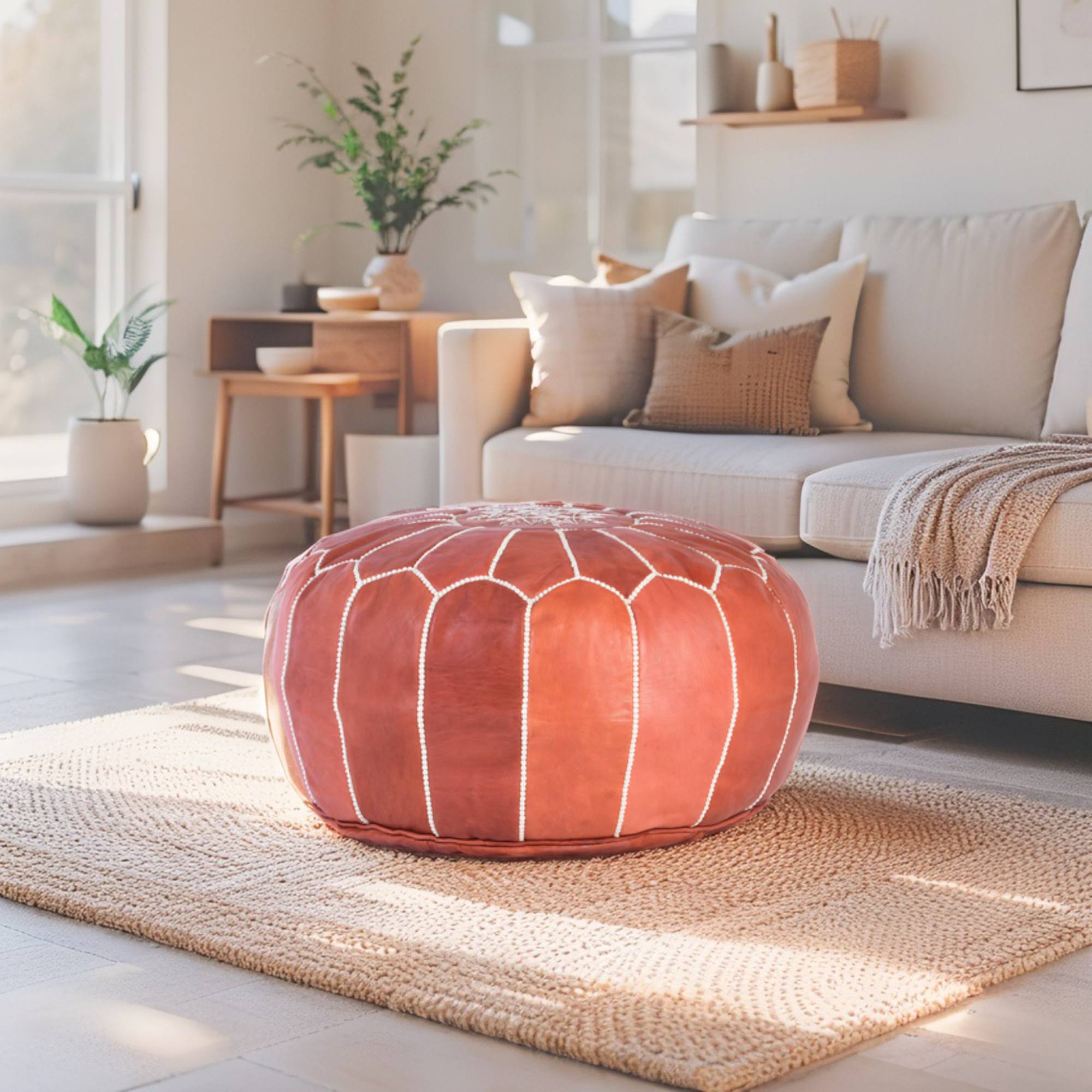Almond Brown Hand-Stitched Genuine Leather Ottoman Pouf with Embroidery